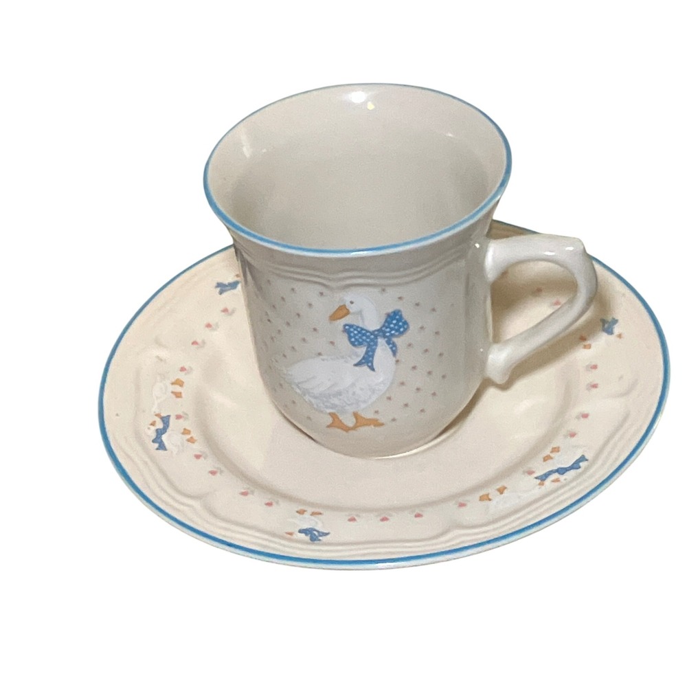 Brick Oven Stoneware Mug and Saucer Set Cream Blue Country Goose Heart